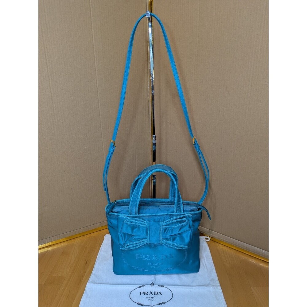 PRADA Tessuto Canapa Bow Satchel Handbag Shoulder Bag Blue